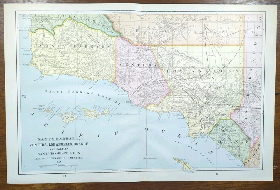 Antique 1892 SANTA BARBARA VENTURA LOS ANGELES ORANGE COUNTIES CALIFORNIA Map - Image 2 of 4