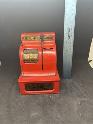 Vintage Uncle Sam 3 Coin Cash Register Bank Metal Nickels Dimes Quarters