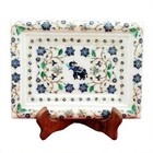 10"x16" White Marble Plate with Floral Inlay and Elephant Art for Decorative Use