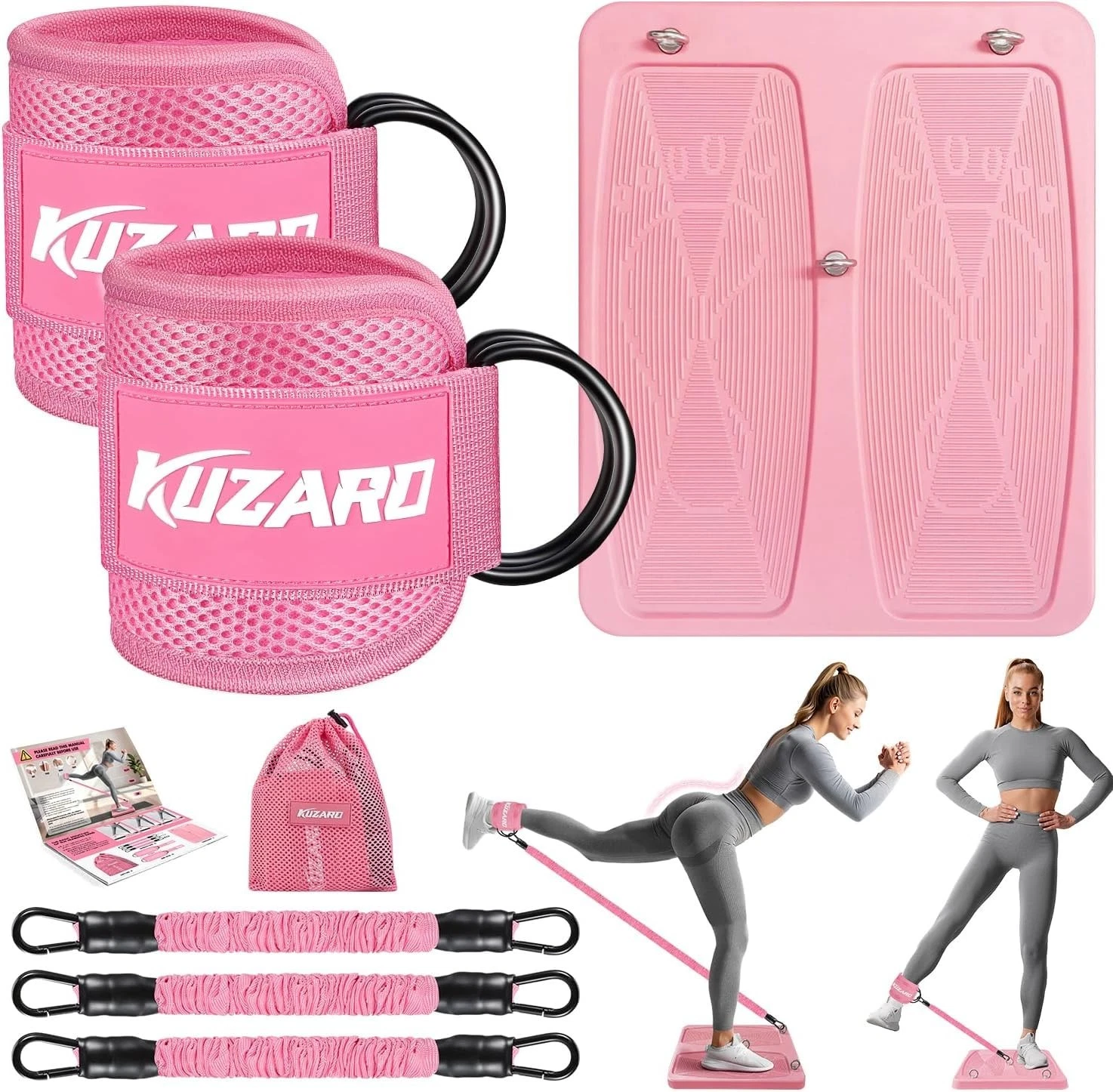 Kuzaro Glute Exercise Bands Workout Equipment Women Pink Home Gym Fitness Set
