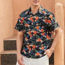 Orange Black Hawaiian Shirt Unisex: Casual Tropical Summer Beach Button Up Tops