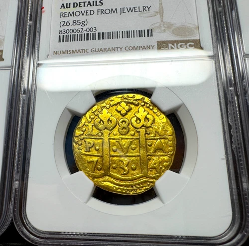 PERU 8 ESCUDOS 1734/3 "DOUBLE DATED!" NGC AU PIRATE GOLD COINS DOUBLOON TREASURE