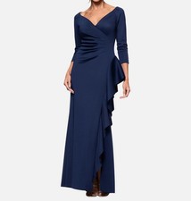 Xscape Women's Blue V-Neck Ruffled Side-Slit Scuba Gown Dress Size 6