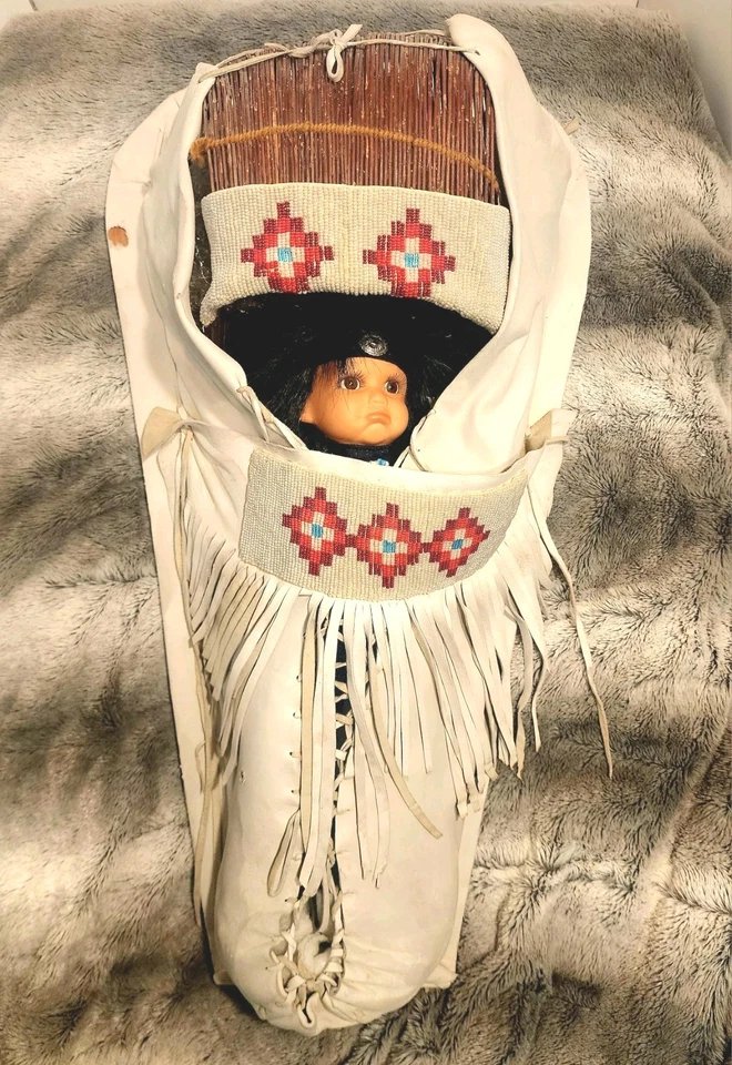 Ute Papoose Large Beaded, Fringe Hide Cradleboard Culture Artifact- Vintage - Image 2 of 4
