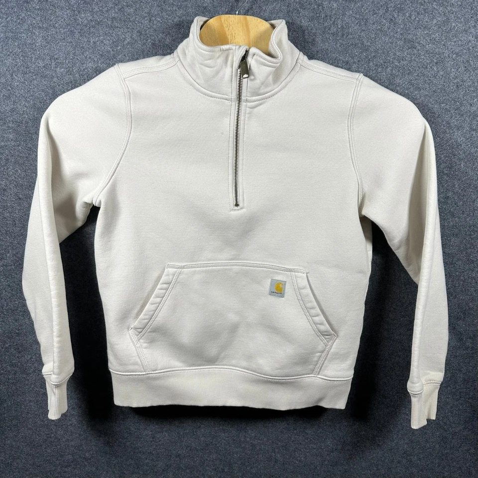 Carhartt 女式宽松版型四分之一拉链套衫运动衫奶油色米色 S 码 — 第 2/4 张图片