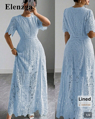 Elenzga Blue Floral Lace Size 1XL/14 Maxi Dress, Short Sleeve Special Occasion