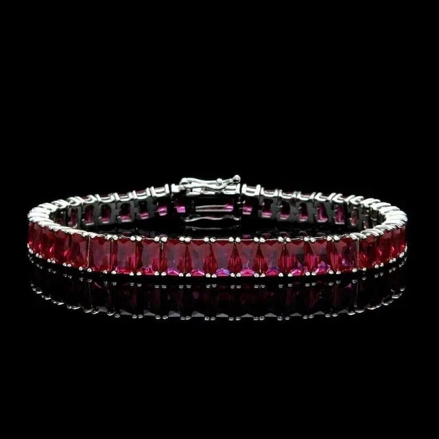 8CT Emerald Cut LabCreated Ruby Women's Tennis Bracelet 14K White Gold Plated 7" - Image 4 of 4