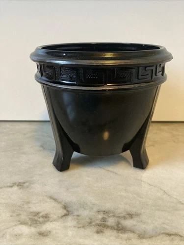 LE Smith Greek Key Black Amethyst Glass 3 Footed Vase Jardiniere 4.5” HAS FLAWS