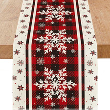 Snowflakes Christmas Table Runner with Buffalo Plaid, Winter Xmas Holiday Kitche