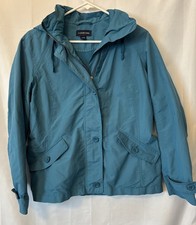 Women s Lands End Aqua Hooded Rain Jacket S/P Detachable Hood Hi Neck Full Zip