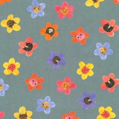 Feline Drive Fabric WHISKER WONDERLAND Cat Flowers Gray - Sold by the Yard
