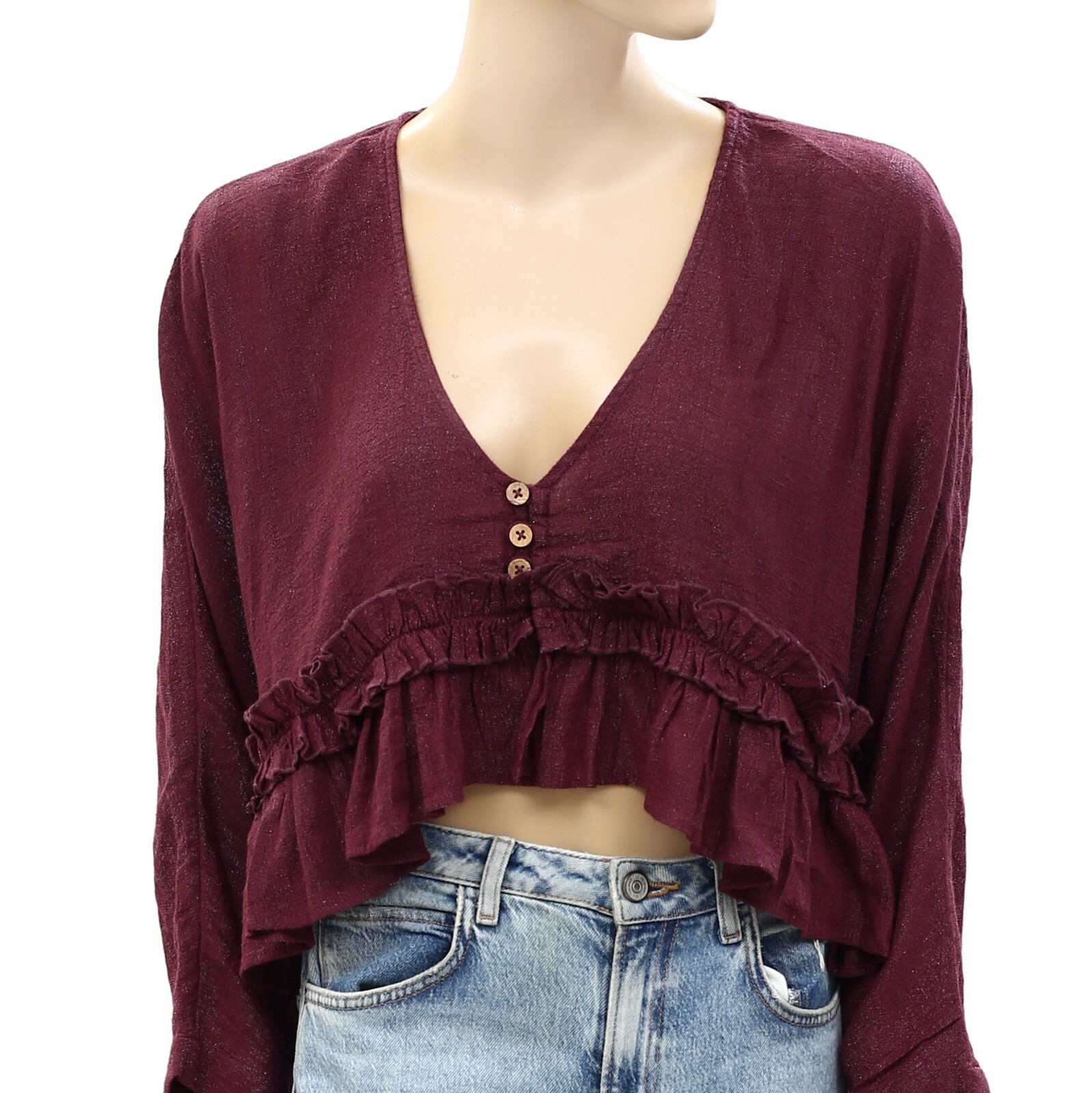 Free People Shimmy Shimmer Cropped Top Kimono Sleeve Ruffle Plum XS NWT