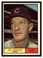 1961 TOPPS AL HEIST #302 ROOKIE CARD CHICAGO CUBS HIGHER GRADE NO CREASES!. rookie card picture