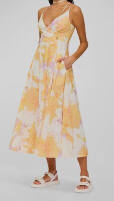 $750 Leo Lin Women's Yellow Pleated Floral-Print Midi Dress Size 14 | eBay
