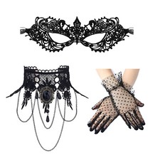 Women's Masquerade Lace Mask Choker Gloves Set Gothic Costume Halloween Cosplay