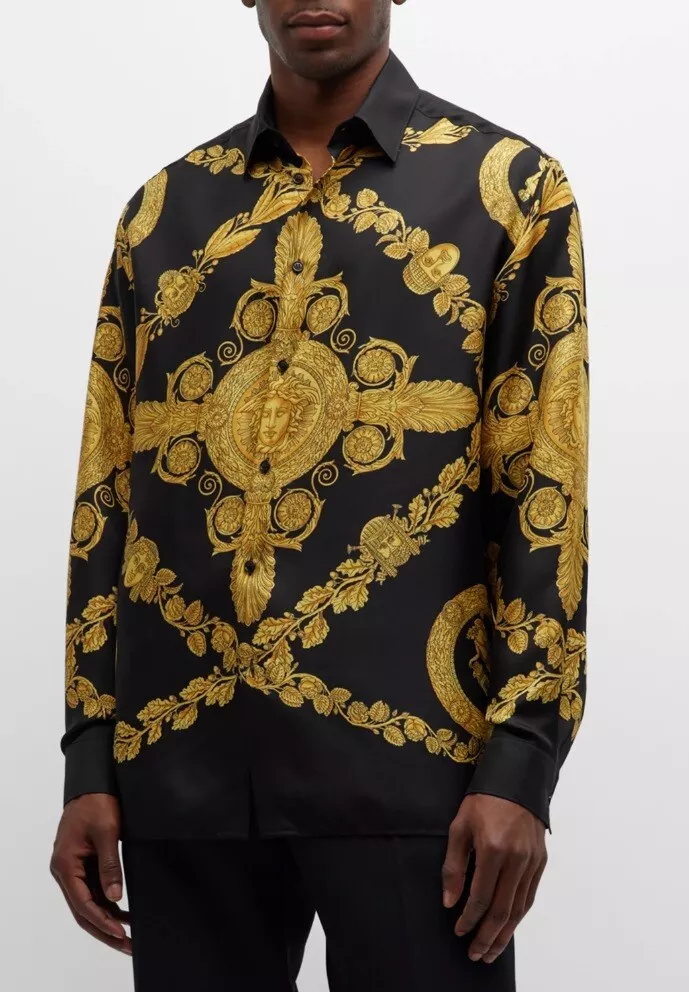 NEW $1825 VERSACE men's Heritage Fit Barocco Print Silk SHIRT 48/38 Black /  Gold