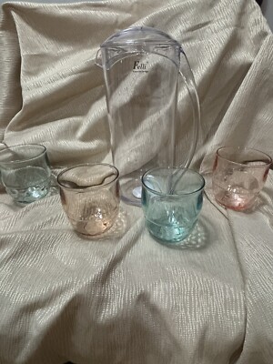 New Felli  Vision By Design  Acrylic Pitcher W/ 4 Pastel Cups Stored Inside