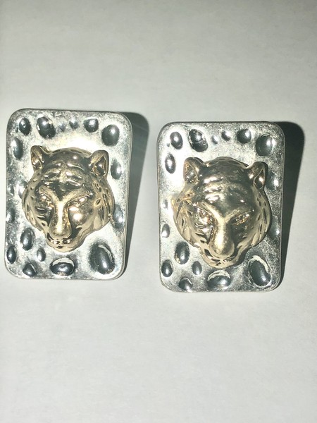 Alternate view of Gold Plated 925 Silver Plated Hammered Tiger Lion Stud Earrings 0.90 Inch