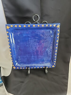 Adobe Serving Plate Glossy Blue/Gold Stars Very Festive Marked L. B. 10x10x1 