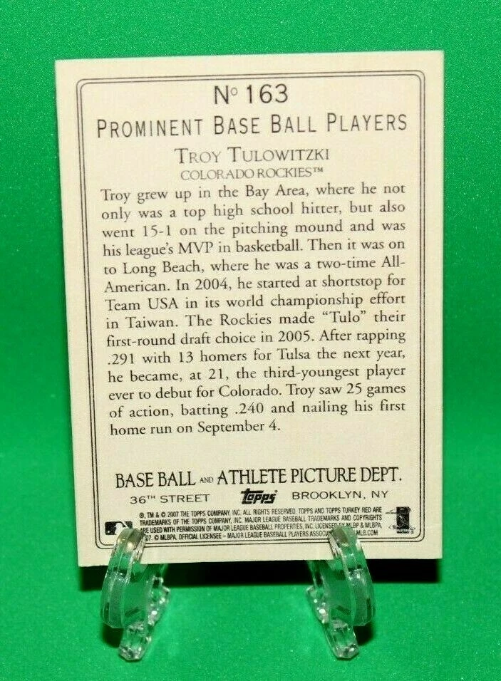 Troy Tulowitzki 07 Topps Turkey Red *Prominent Baseball Players* MLB Rookie Card - Image 2 of 2