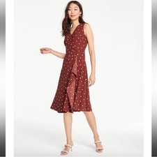 NWT Ann Taylor Faux Wrap Midi Dress Sz 6P Petite Brown Polka Dot Sleeveless $149