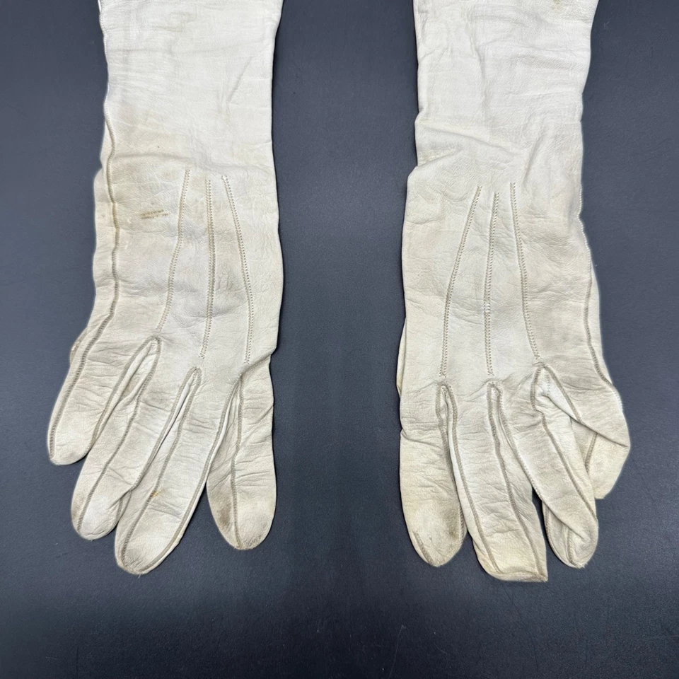 Antique Victorian Kid Leather Opera Gloves Long White Snaps Formal Wedding As Is - Image 4 of 4