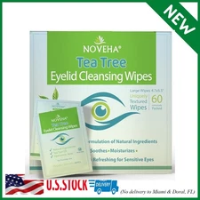 NOVEHA 60PCs Tea Tree Oil Eyelid & Lash Wipes Hyaluronic Acid Green Tea Chamomil