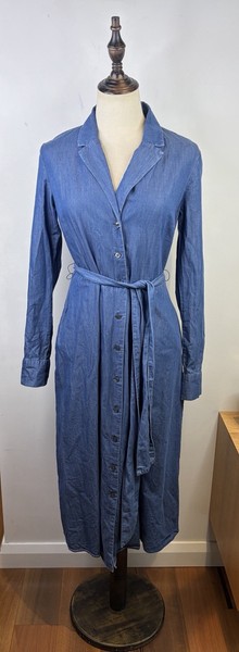 Boden Chambray Midi Dress Size AU UL 10 Denim Look Long Sleeve Belted RRP$230