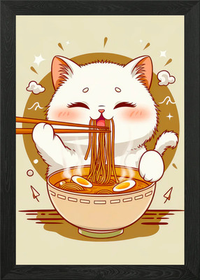 Cute Cat Eating Ramen Framed Wall Art Poster Canvas Print Picture