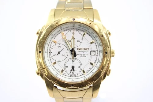 Vintage Seiko Chronograph Gold Tone Watch Ref 7T32-6M10 Quartz WORKING