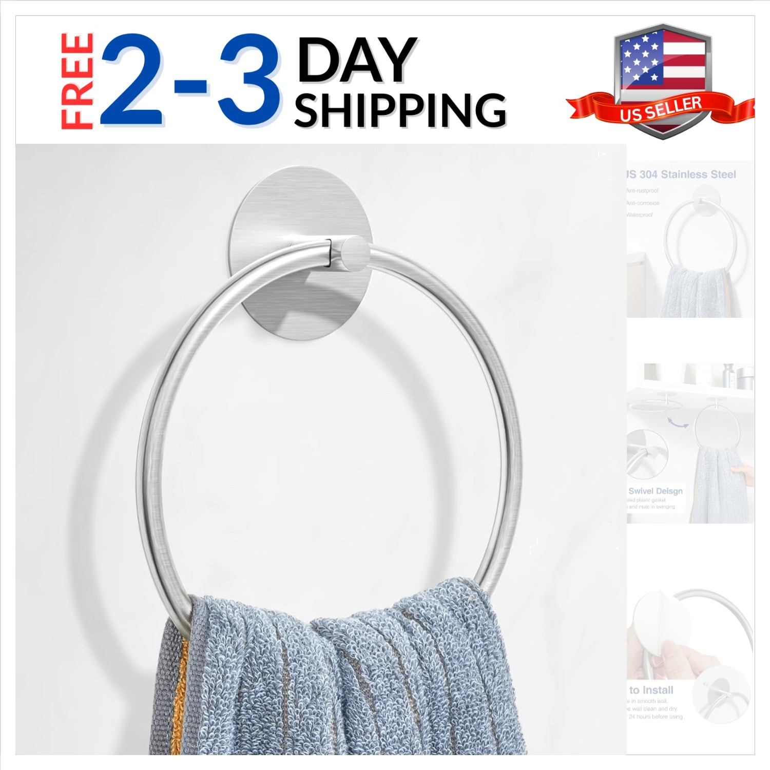 Ring - Stainless Steel Bathroom Towel Rack, Adh...
