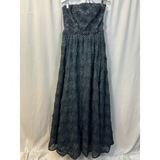 Adrianna Papell Collection Ball Gown Steel Blue Tulle Rosette Dress DAMAGE 10