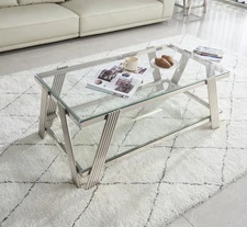 47" Wide Rectangle Modern Stainless Steel Coffee Table, Double-Layer Clear Tempe