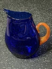 Blenko Cobalt Blue Hand Blown Glass Pitcher Vase Amber Handle 12” Signed