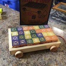 Uncle Goose FAO Schwarz Edition ABC Pull Wagon Wooden Block Set Complete