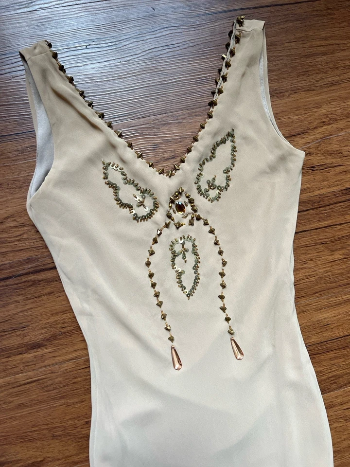 复古 90 年代 Y2K 鸡尾酒礼服米色手帕串珠仙女奇思索斯罕见 — 第 2/4 张图片