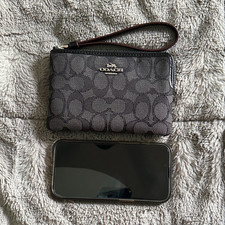 Coach Signature Logo Wristlet Zip Pouch Gray/Black, Silver Hardware, Strap