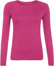 Women Ladies Long Sleeve Stretch Plain scoop neck t shirt top size small to 3XL