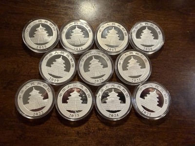 China Silver Panda 10 Yuan Lot of 11 30g .999 Silver Coins 2015-2025