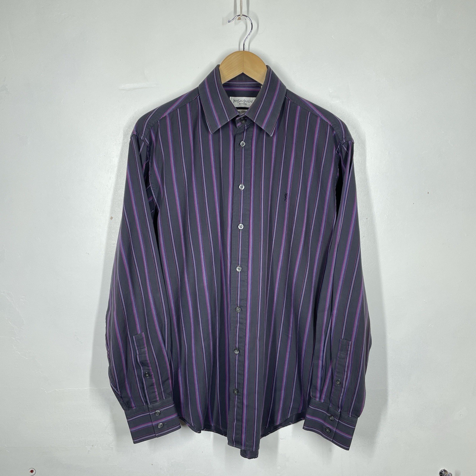 Camicia YSL uomo M nera viola a righe Yves Saint Laurent manica lunga vintage anni 90