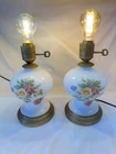 Pair of Vintage Flowered Milk Glass Boudoir Lamps Set Of 2