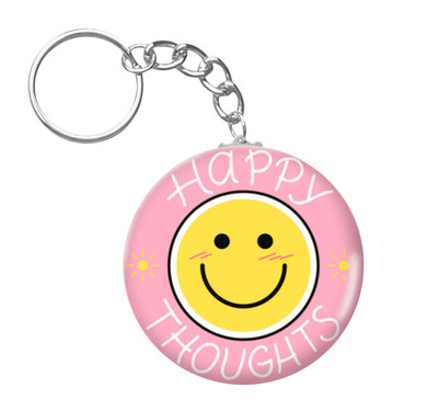 2.25'' Round Premium Keychain - Happy Thoughts Pink   Cute Yellow Face Accessory
