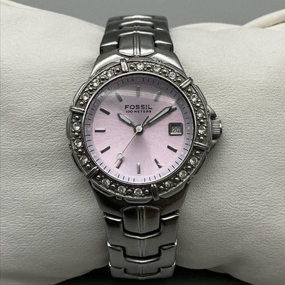 Fossil AM-3754 Womens Watch 28mm Pink Dial Stainless Crystals New Battery 5.75''