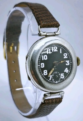 Vintage 1916 WW1 Ära George Stockwell massiv Sterling 925 Silber 29mm Grabenuhr 