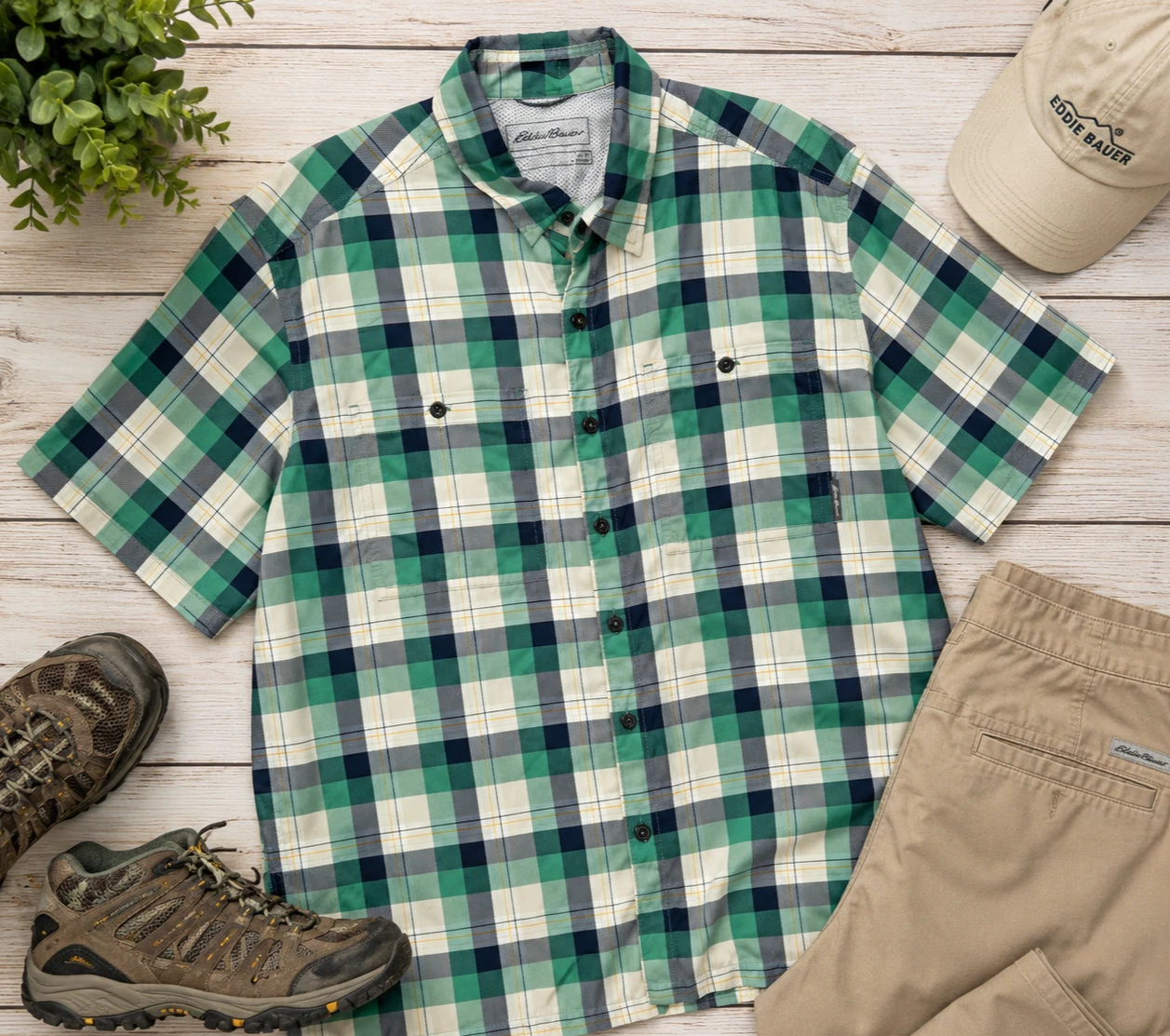 Eddie Bauer Men’s LT Lightweight Hiking Shirt Plaid Green Short Sleeve Camping