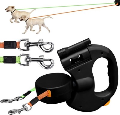 2in1 Dual Automatik Hundeleine Flexi Rollleine Gurtleine Doppelleine für 2 Hunde