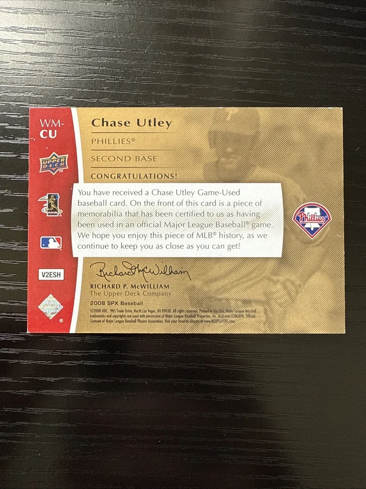 Chase Utley /125 2008 SPx Winning Materials Dual Patch Jersey Relic SP - Image 2 of 2