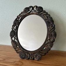 Vtg Oval Daisy Scroll Faux Bronze Table or Wall Mirror Plastic Made in Hong Kong
