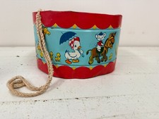 Vtg J. Chein Litho Tin Toy Drum Marching Animals Mouse Giraffe Bear Pup On Bike