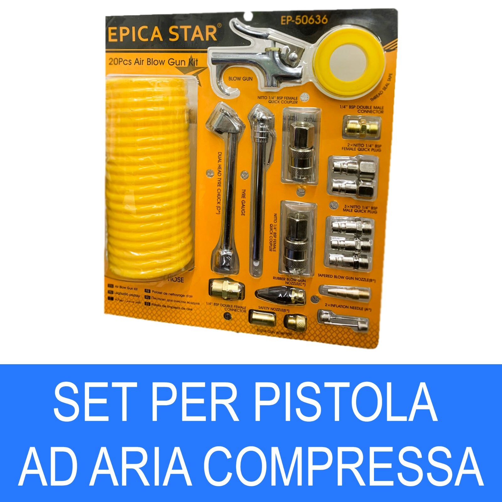 KIT DA 20 PEZZI PER COMPRESSORE AD ARIA CON TUBO INCLUSO A SPIRALE MOD: EP-50636